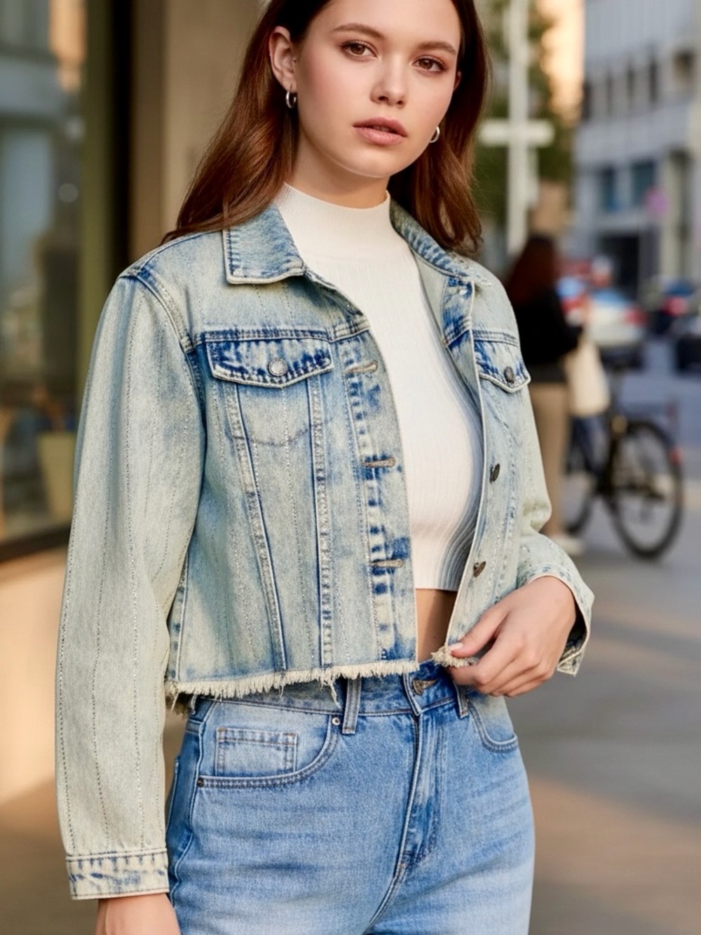 Striped Rhinestone Distressed Denim Jacket - Picture 11 of 12